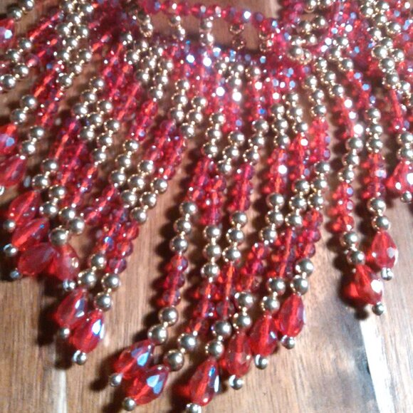 Red Glass and Beaded Waterfall Goldtone Necklace - Picture 6 of 16
